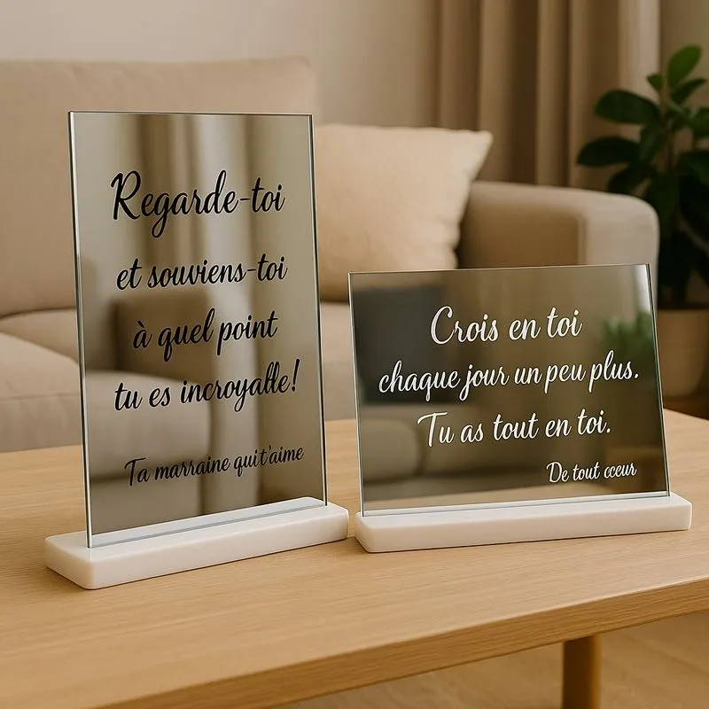 Miroir gravé personnalisé avec éclairage LED, télécommande et supports