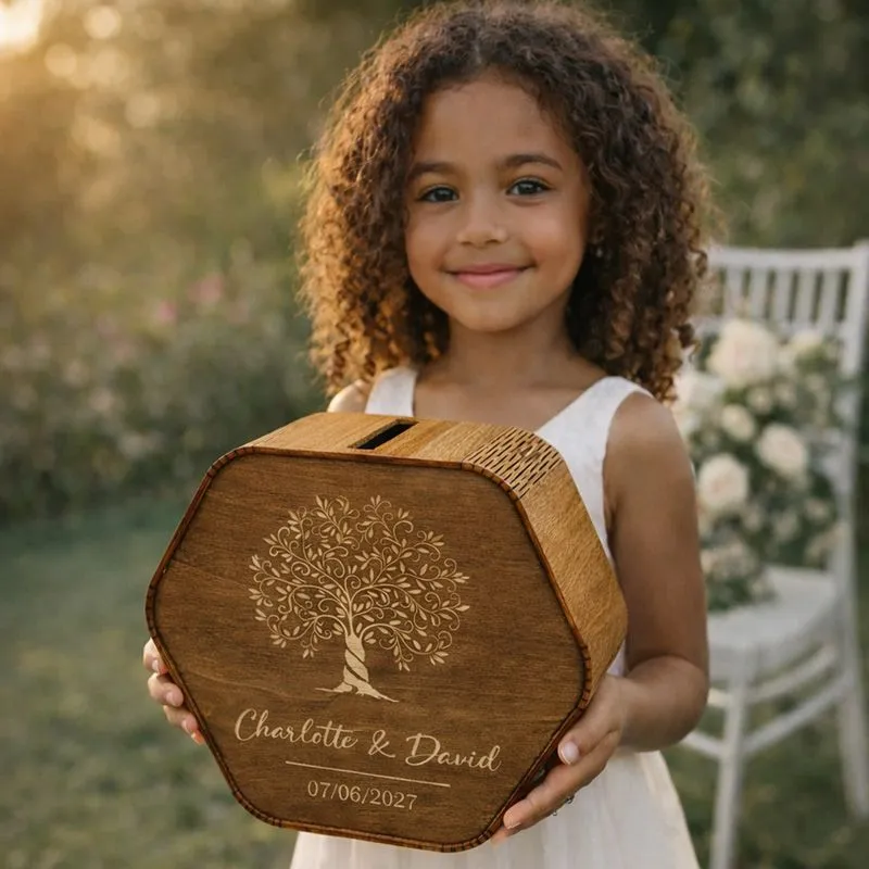 Urne bapteme bois Personnalisée hexa Rustique chic - Chocolat