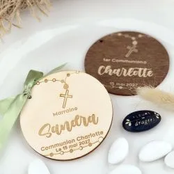 Étiquette Bois communion XL- Cadeau d'invité - Ronde (7.5cm)