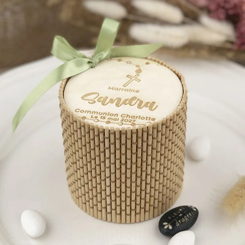 Boite communion bambou Personnalisée ∅8cm - Couronne (Crème)
