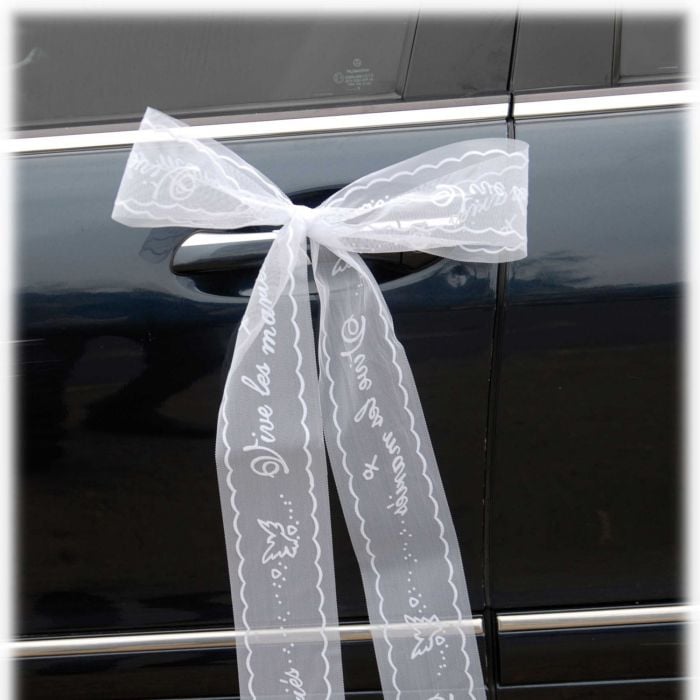 ruban vive les mariés - décoration voiture - fleurs de dragées