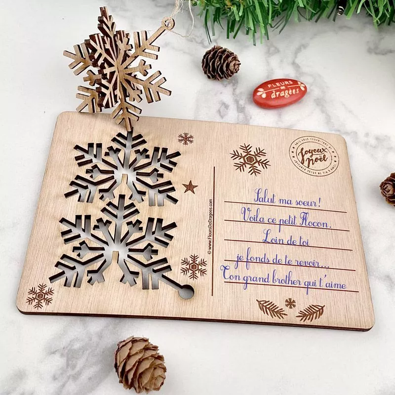 Carte 3D vœux de noël en bois original avec Flocon de neige à suspendre